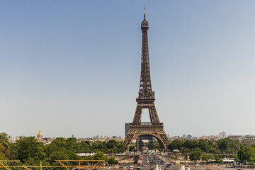 Eiffel tower in summer seen from the fountains, Paris, France.