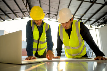 Civil Engineer and Construction Supervisor inspect the internal construction of building at construction site. Construction engineers or architect and Foreman inspect the construction inside building.