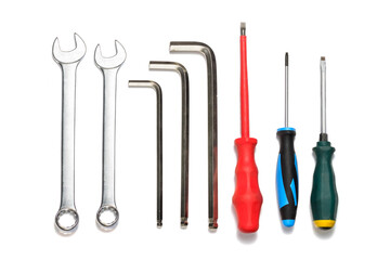 Construction work tools for building. Screwdrivers, wrenches, pliers. Bright set of tools close-up...