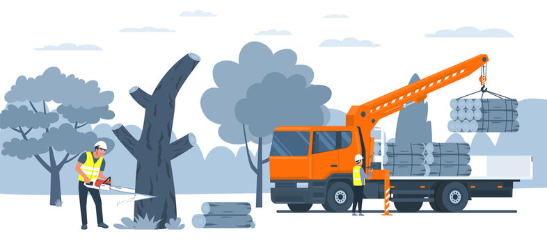 A worker prepares firewood with a chainsaw and loads it into a truck. Vector illustration.