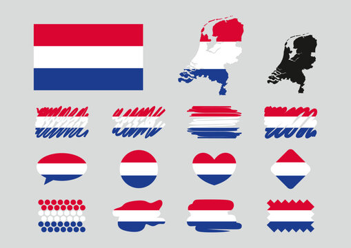 Netherlands flag set. Map, heart, circle, rhombus, mark, text frame, dots.