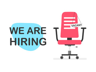 Empty office chair with a sign vacant. Business hiring and recruiting concept. Open vacancy. Vector illustration isolated.