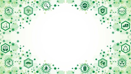 Green background frame with ecology icons, symbols. Green world design. Texture of hexagons,  lines. Clean energy. Eco-friendly transport. Poster  technology, business, social networks. Vector