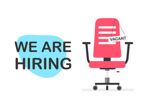 Empty office chair with a sign vacant. Business hiring and recruiting concept. Open vacancy. Vector illustration isolated.