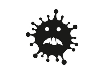 Coronavirus with scary face on white background. Black color. 