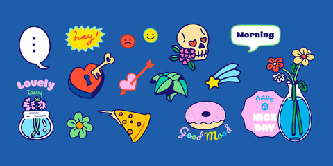 Set of Hand drawn isolated vector patches, pins, stamps or sticker pack with funny cute characters and trendy illustrations. Colorful planning decoration , Prints and social media post