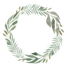 Elegant botanical watercolor wreath with green foliage isolated on white.