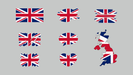 United Kingdom flags set. Various designs on gray background. Map. World flags. Vector set. Circle icon, speak cloud, heart shape. Hand drawn style. Collection of national symbols. 