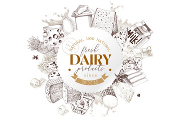 Local market label with fresh dairy products