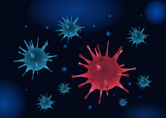 Coronavirus illustration. New deadly disease-causing viruses such as COVID-19 or SARS. Organism illustration. Virus seen micro. Virus floating in a cellular environment , influenza background. Red