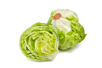 Iceberg lettuce head and half, fresh leafy green vegetable isolated on white