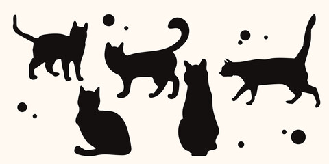 Set of vector illustrations with black cats on a white background for stickers, tattoos, postcards, etc.