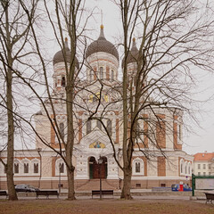 Bare trees in a park in front of the Alexander Nevsky Orthodox Cathedral in Russian revival style,...