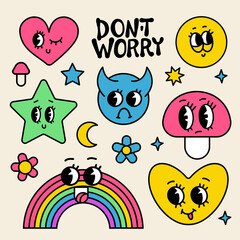 Retro cartoon set with funny comic characters with cute faces. Contemporary abstract shape, heart, star and mushroom badge vector collection.