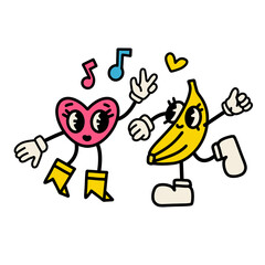Vintage couple of cartoon characters. Retro mascot,, kawaii food. Humanization of the subject, hear and banana with legs and arms and face, ankle boots and gloves. 30s Character design. Vector clipart