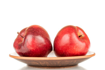 Two ripe red apples on a clay dish, close-up, isolated on a white background.