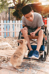 Teenager boy with a disability feeding pets with smile and happy face, Training of muscles through picking, Animals therapy for child with special needs. Rehabilitation and Health Day concept.