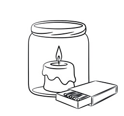 Hand drawn burning candle. Doodle sketch style. Line drawing simple candle in a jar with a box of matches. Isolated vector illustration in line style.