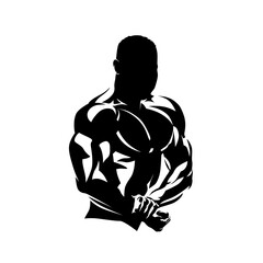Bodybuilder posing and showing off big muscles. Bodybuilding gym logo. Abstract isolated vector silhouette, ink drawing