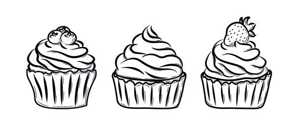 Set of hand drawn muffins. Doodle sketch style. Line drawing of simple cupcakes decorated with cream. Isolated vector illustration in line style.