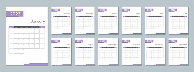 2023 calendar template. Corporate and business planner diary. The week starts on Sunday. Set of 12 months pages.