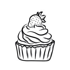 A simple drawing of a sweet cupcake with cream and strawberries. Handmade muffin with whipped cream. Drawing in doodle style with strokes. Black outline on a white background.