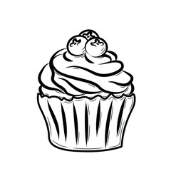 A simple drawing of a sweet cupcake with cream and blueberries. Handmade muffin with whipped cream. Drawing in doodle style with strokes. Black outline on a white background.
