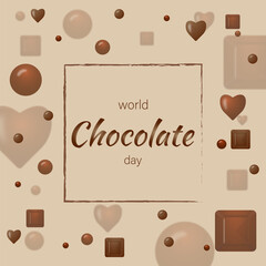 Chocolate background with small red and brown  colored and shape chocolates. 