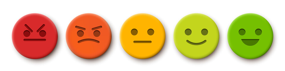 Rating scale or pain scale in the form of emoticons. From red to green smiley. Vector clipart isolated on white background.