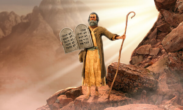 Moses holding 10 Commandments tablets coming down  mount Sinai