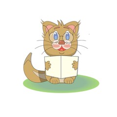 Cute kitten reading a book or newspaper, vector cartoon illustration

