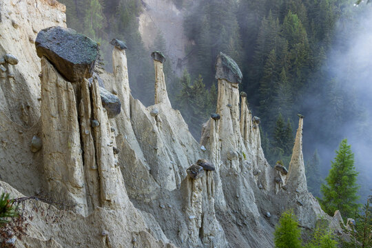 Earth pyramids of Platten (Erdpyramiden - Piramidi di Plata) near Percha and Bruneck,  South Tyrol, Italy