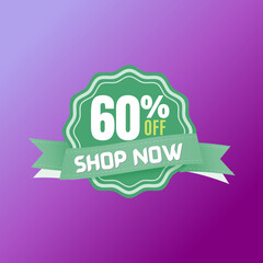 60% percent off, Green banner with purple background, and online super discount design, in Vector Illustration (shop now )