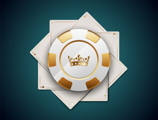 VIP poker luxury white and golden chip on white aces and kings playing cards vector casino logo. Royal poker tournament or club emblem with crown on turquoise background