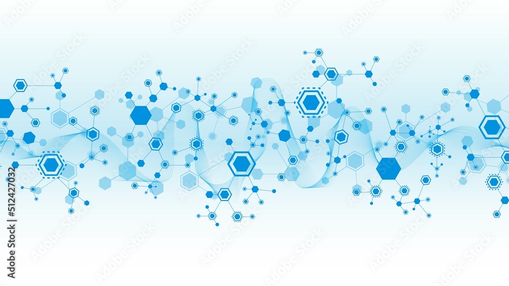 Poster vector blue background. pattern of hexagons, lines, waves. design of puzzle plexus. digital network.