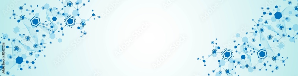 Poster vector blue background frame. pattern of hexagons, lines, waves. design of puzzle plexus. digital ne