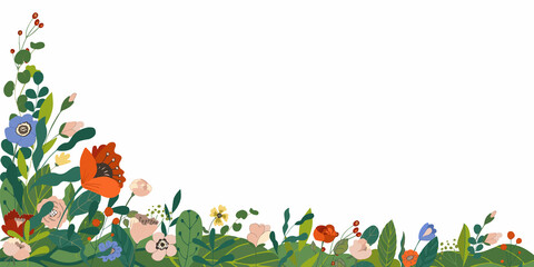 Beautiful floral background, corner frame. Green leaves, colorful flowers, buds, grass. Spring, summer corner for social network, invitation, wedding, birthday. Vector illustration