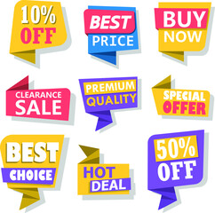 Set of different stickers for sale. Discount. Stock. Quality assurance. Vector illustration