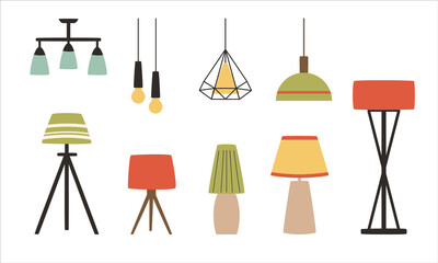 Set of lamp in modern style. Scandinavian ceiling lamp, table lamp, floor lamp. Flat vector Lighting elements.