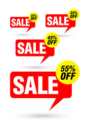 Sale red tag speech bubble. Set of 25%, 35%, 45%, 55% off discount