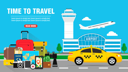 Time to travel design flat. Airplane in the sky, an airport building and a taxi car, luggage at the airport. Concept for a transfer service © dicraftsman