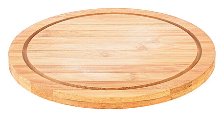 Round bamboo pizza board isolated on а white background, front view.
