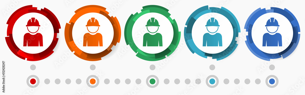 Poster Worker, employee concept vector icon set, modern design abstract web buttons in 5 color options, infographic template for webdesign and mobile apps