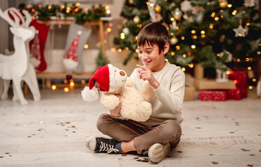 Little boy with teddy in santa hat