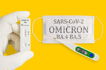 Rapid antigen test kit with positive result during swab COVID 19 testing. Face masks, thermometer...