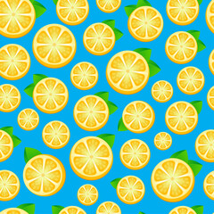 Seamless pattern with lemons-vector illustration. Slices of lemon on a blue, turquoise background. Seamless fruit background for banners, printing on fabric, labels, printing on T-shirts.