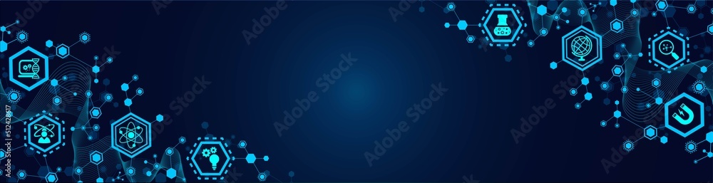 Poster vector background frame with symbols. icons science, study, human mind. pattern of hexagons, lines, 