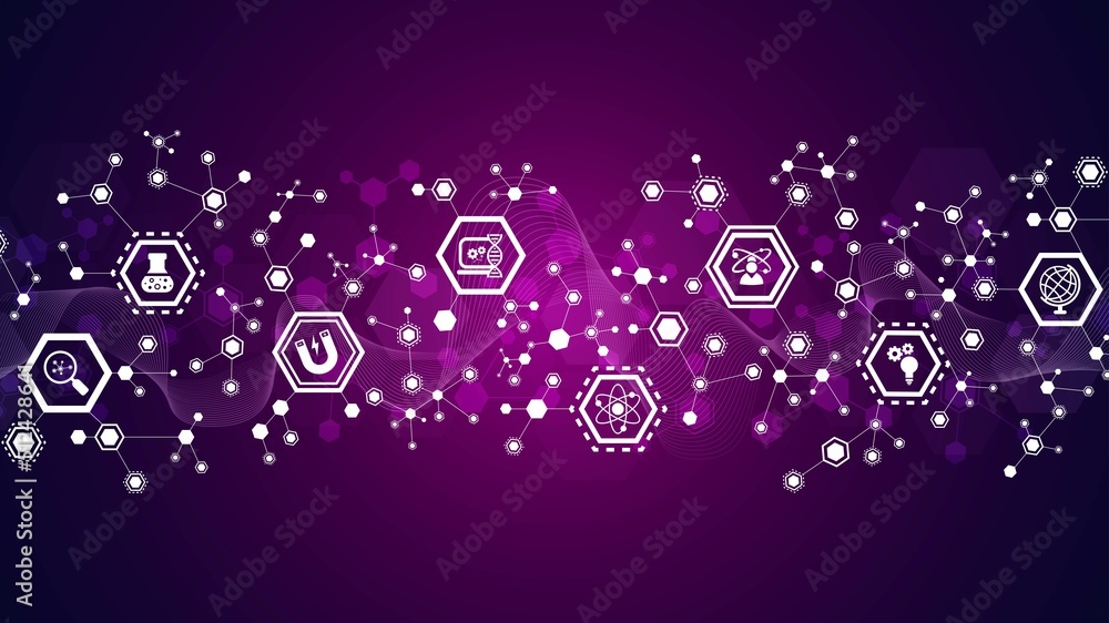 Poster vector background frame with symbols. icons science, study, human mind. pattern of hexagons, lines, 