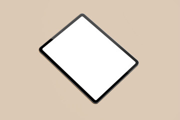 Mockup of new version tablet in trendy thin frame design with white screen on solid beige...