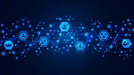 Vector neon background frame with icons. Symbols of people, communication, mobile network. Pattern hexagons, lines, wave. Plexus of puzzles. Chain of molecules. Poster technology, business, science.